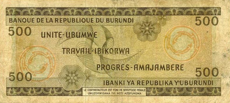 Back of Burundi p24c: 500 Francs from 1973