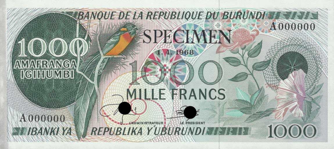Front of Burundi p25ct2: 1000 Francs from 1968