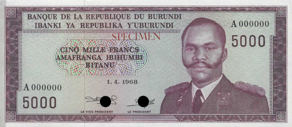 Front of Burundi p26ct: 5000 Francs from 1968
