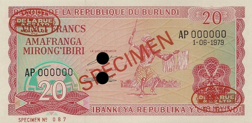 Front of Burundi p27s: 20 Francs from 1977
