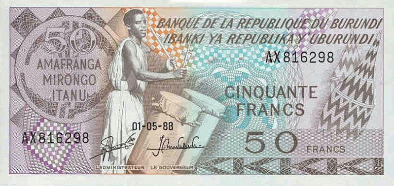 Front of Burundi p28c: 50 Francs from 1988