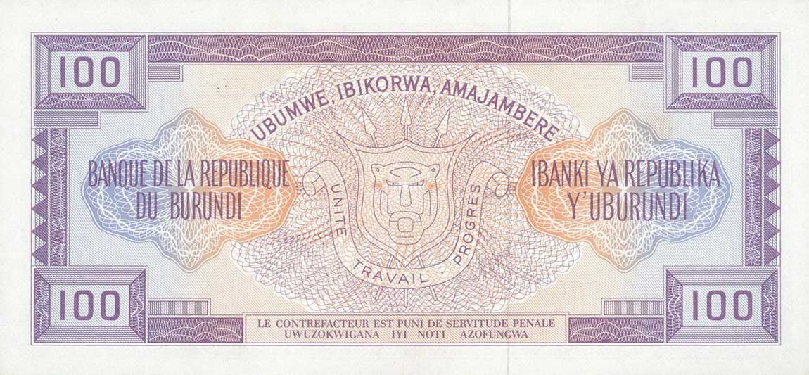 Back of Burundi p29a: 100 Francs from 1977