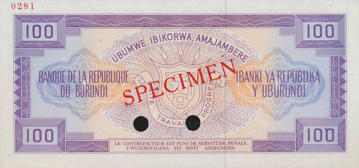 Back of Burundi p29s: 100 Francs from 1977