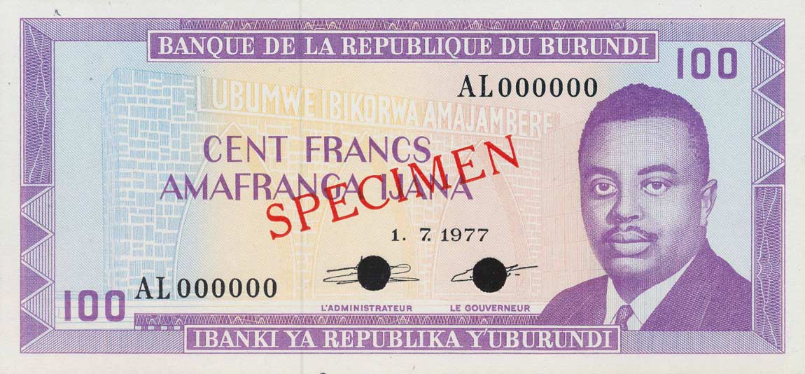 Front of Burundi p29s: 100 Francs from 1977
