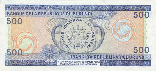 Back of Burundi p30a: 500 Francs from 1977