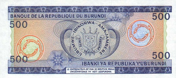 Back of Burundi p30b: 500 Francs from 1985