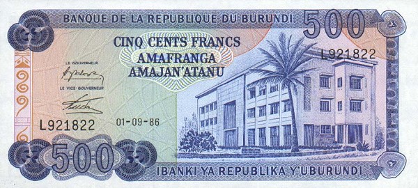 Front of Burundi p30b: 500 Francs from 1985