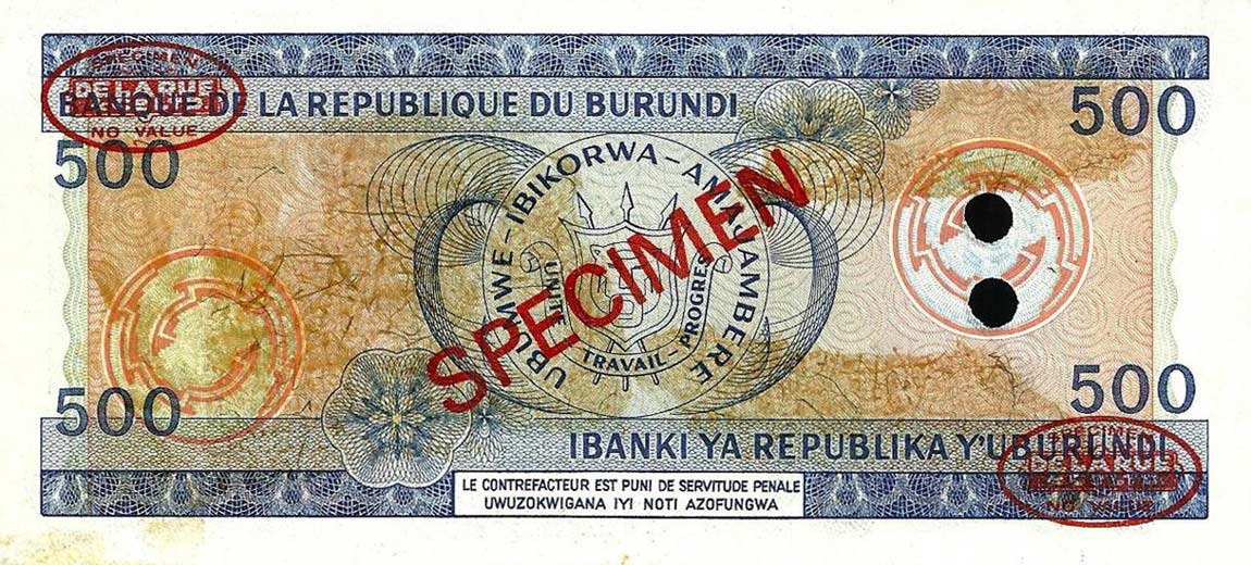 Back of Burundi p30s: 500 Francs from 1980