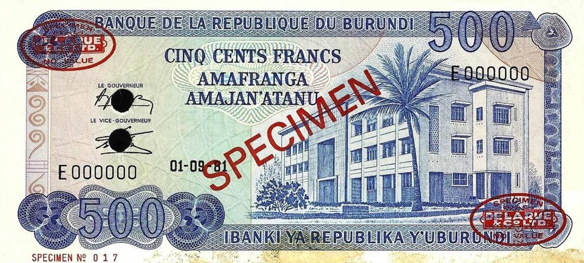 Front of Burundi p30s: 500 Francs from 1980