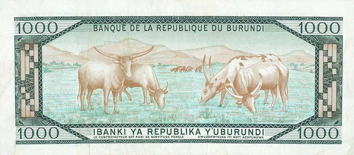 Back of Burundi p31c: 1000 Francs from 1987