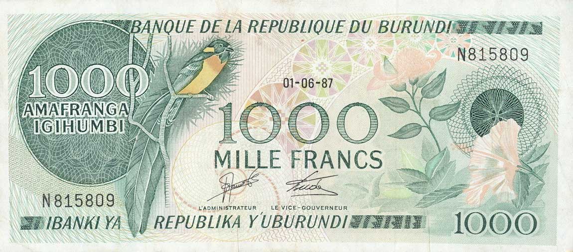 Front of Burundi p31c: 1000 Francs from 1987