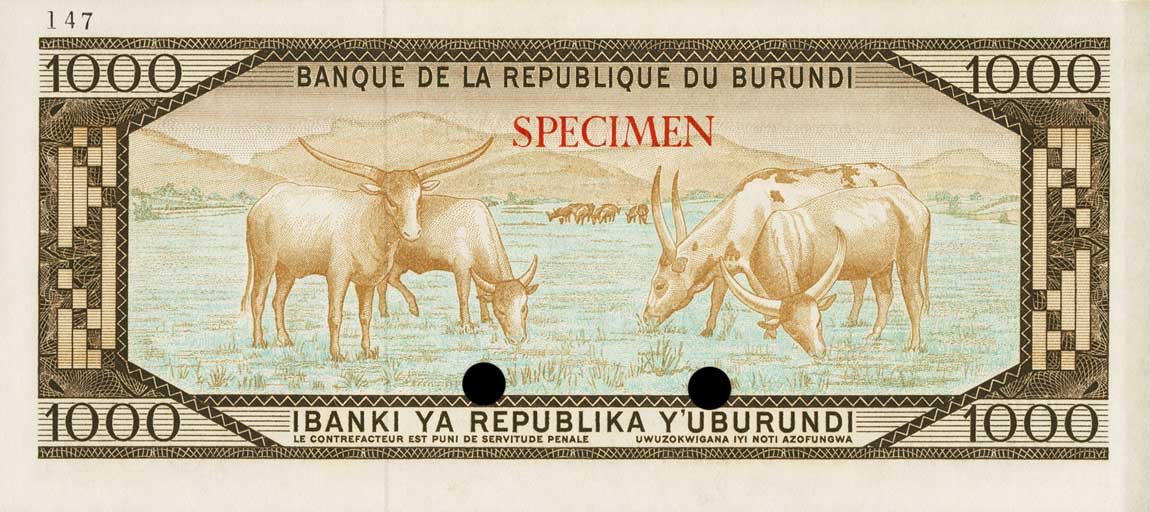 Back of Burundi p31ct: 1000 Francs from 1977