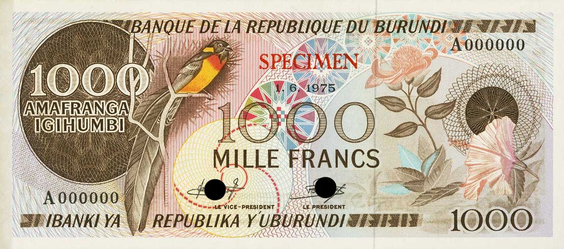 Front of Burundi p31ct: 1000 Francs from 1977