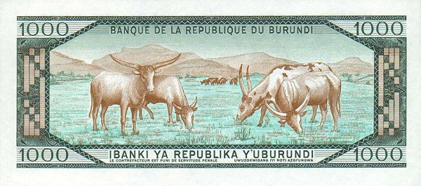 Back of Burundi p31d: 1000 Francs from 1988