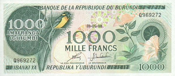Front of Burundi p31d: 1000 Francs from 1988
