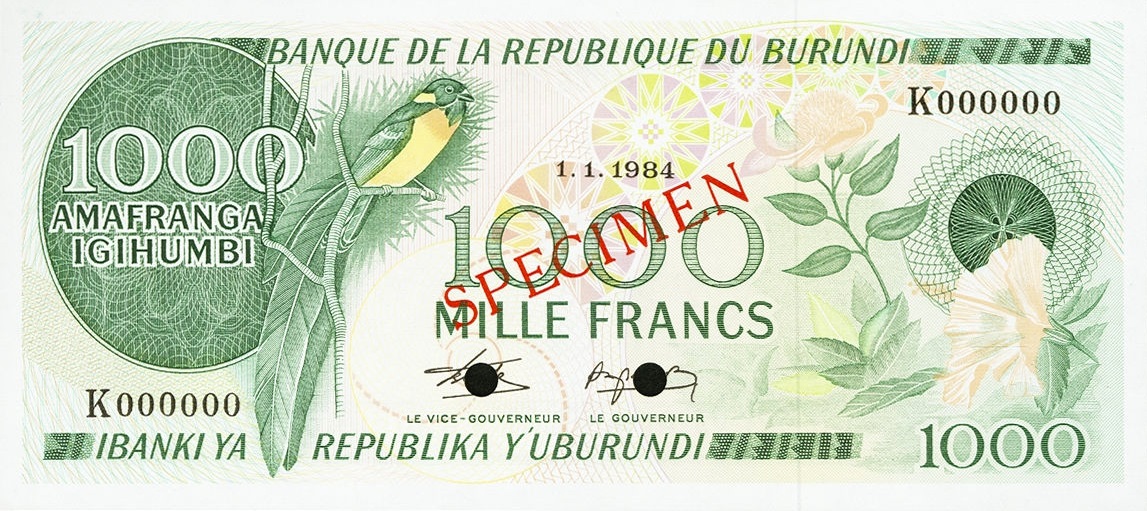 Front of Burundi p31s: 1000 Francs from 1977