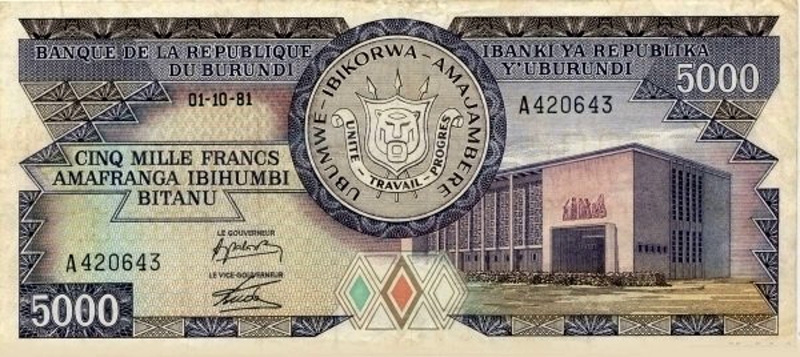 Front of Burundi p32a: 5000 Francs from 1978