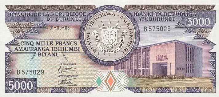 Front of Burundi p32b: 5000 Francs from 1984