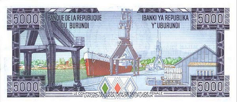 Back of Burundi p32c: 5000 Francs from 1989