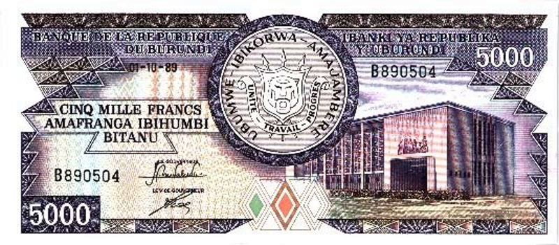 Front of Burundi p32c: 5000 Francs from 1989