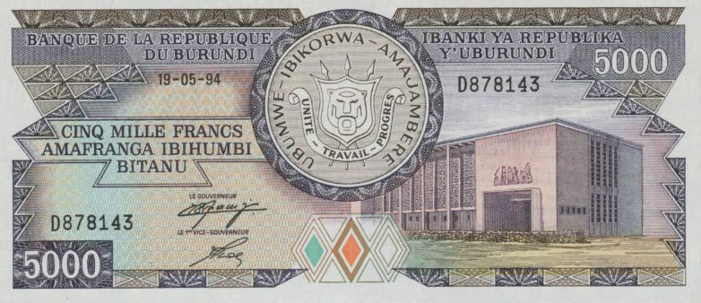 Front of Burundi p32d: 5000 Francs from 1994