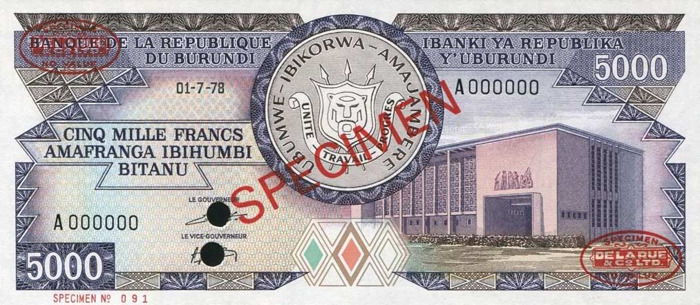 Front of Burundi p32s: 5000 Francs from 1978