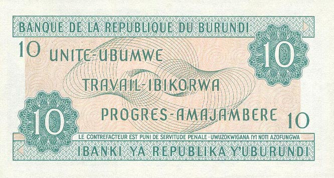 Back of Burundi p33a: 10 Francs from 1981