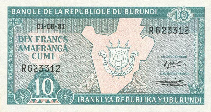 Front of Burundi p33a: 10 Francs from 1981