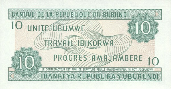 Back of Burundi p33b: 10 Francs from 1986