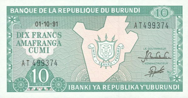 Front of Burundi p33b: 10 Francs from 1986