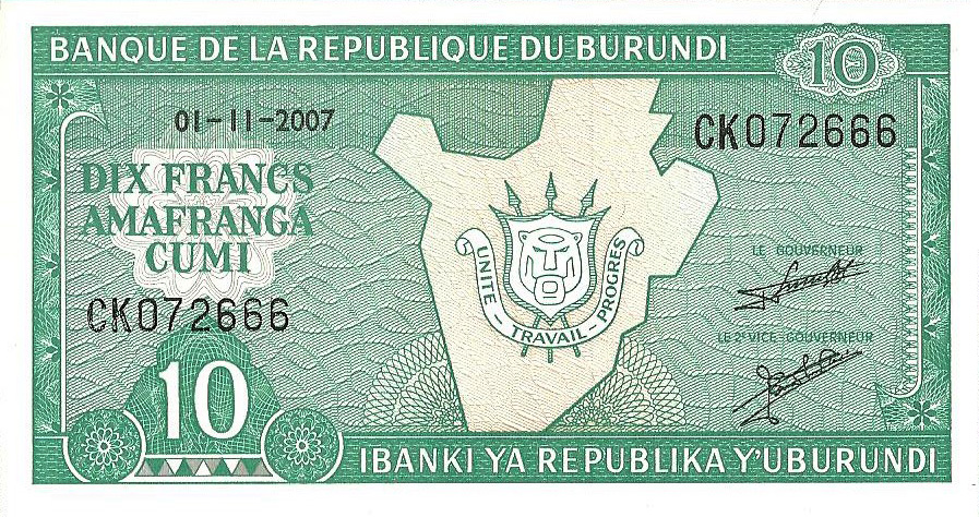 Front of Burundi p33e: 10 Francs from 2005