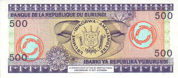 Back of Burundi p34a: 500 Francs from 1979