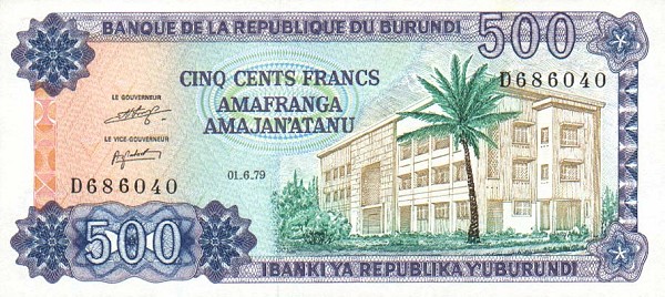 Front of Burundi p34a: 500 Francs from 1979