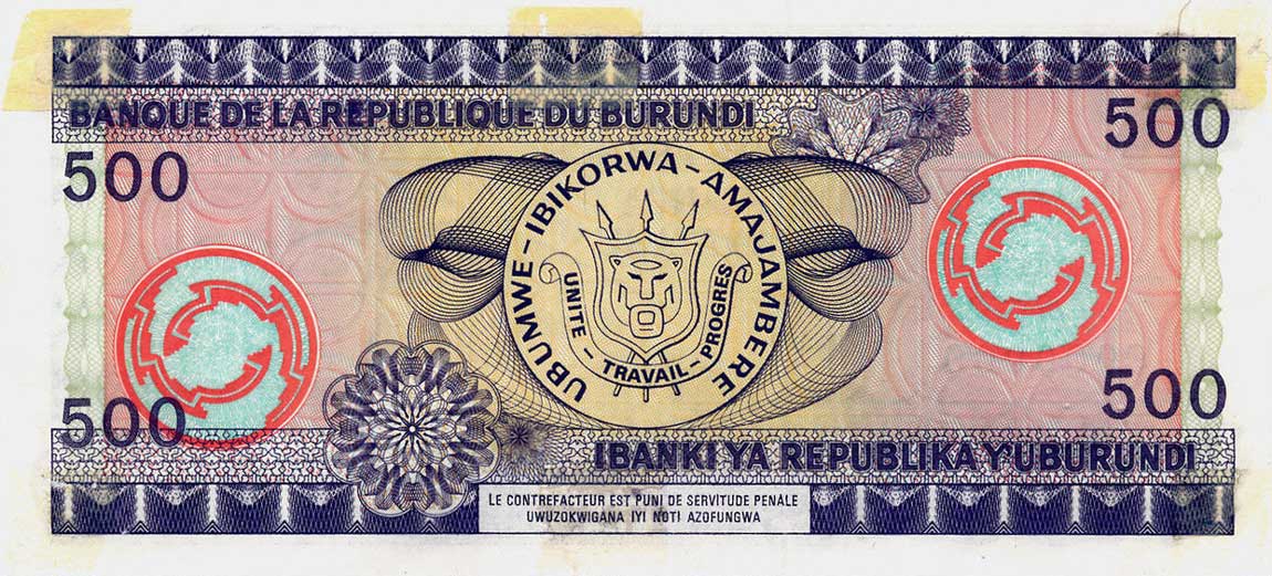 Back of Burundi p34s: 500 Francs from 1979