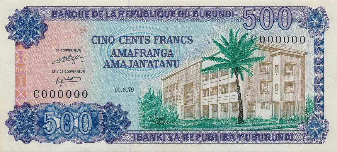 Front of Burundi p34s: 500 Francs from 1979