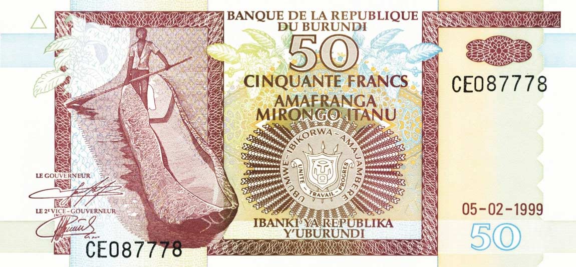 Front of Burundi p36b: 50 Francs from 1999