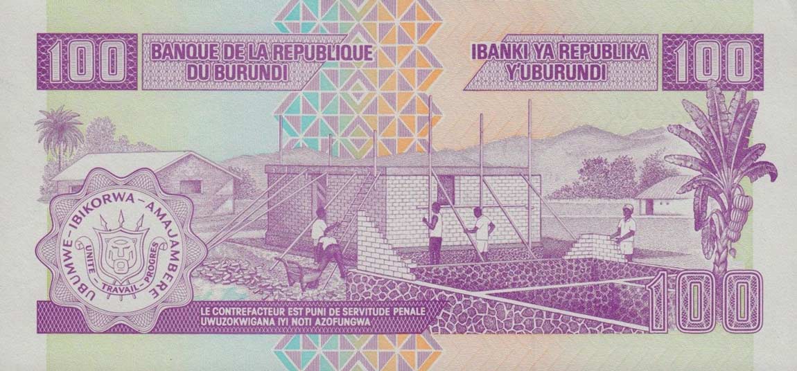 Back of Burundi p37f: 100 Francs from 2007