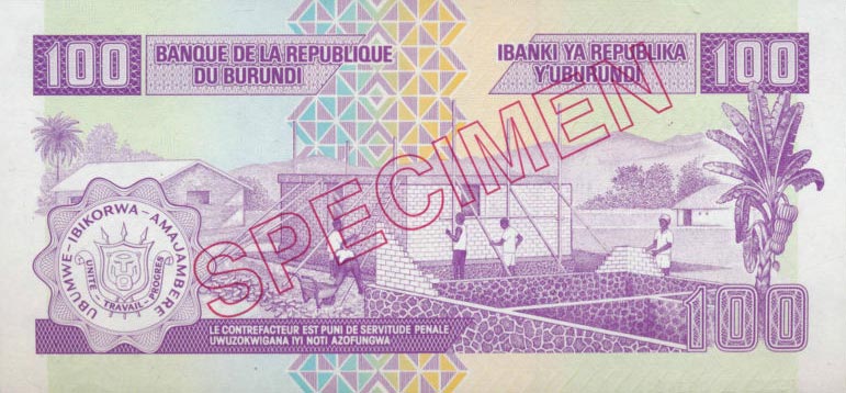 Back of Burundi p37s: 100 Francs from 1993