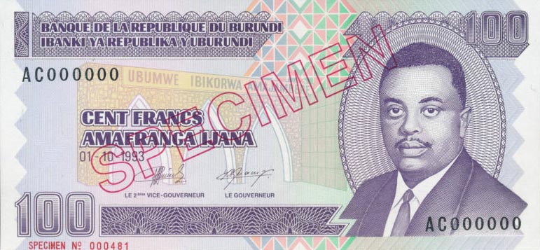 Front of Burundi p37s: 100 Francs from 1993