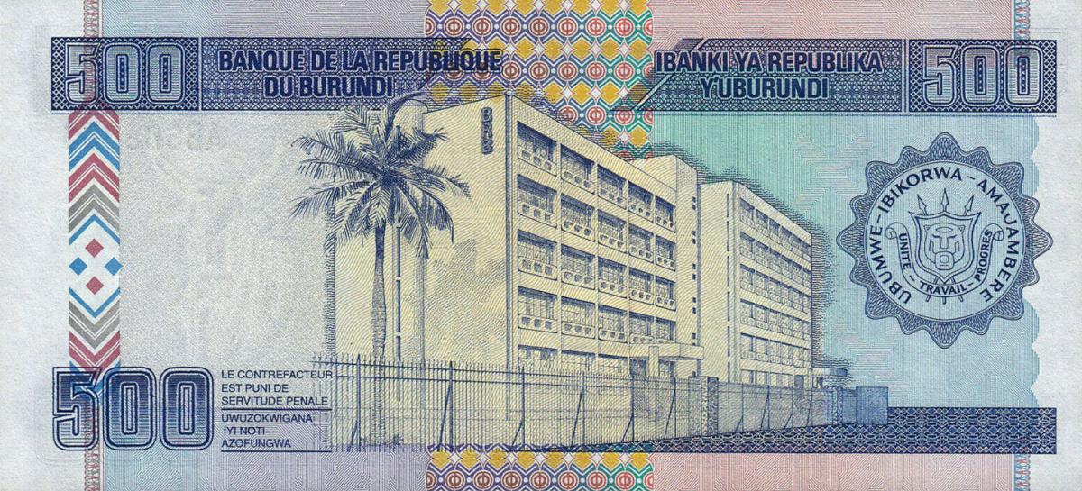 Back of Burundi p38a: 500 Francs from 1997