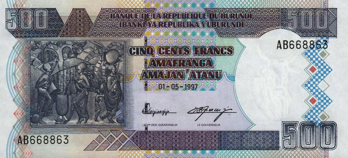 Front of Burundi p38a: 500 Francs from 1997