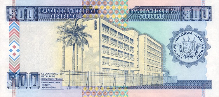 Back of Burundi p38c: 500 Francs from 2003