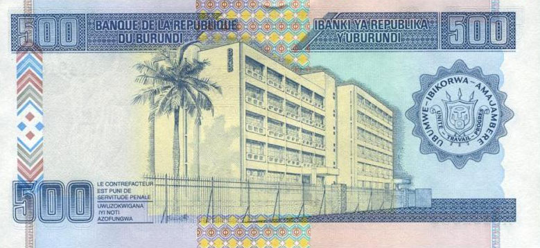 Back of Burundi p38d: 500 Francs from 2007