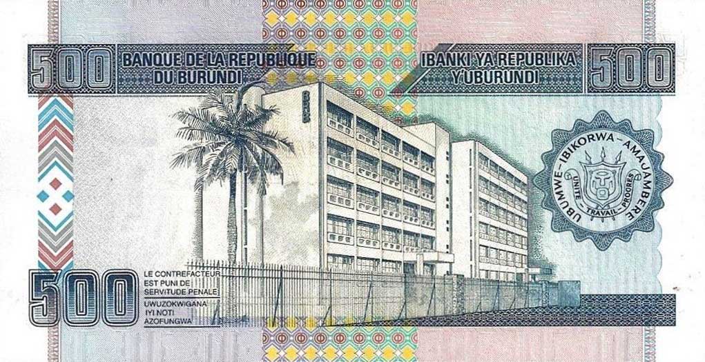 Back of Burundi p38e: 500 Francs from 2009