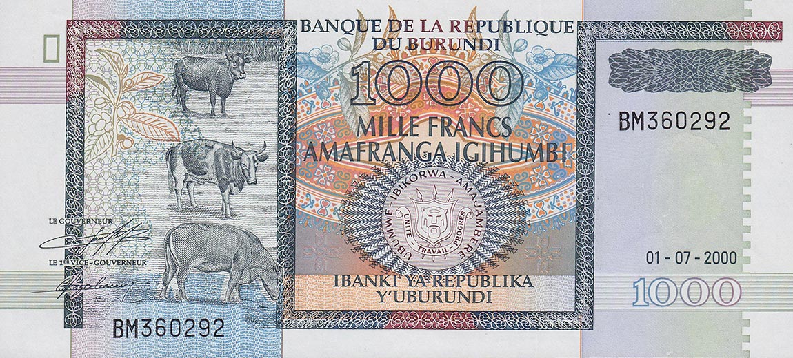 Front of Burundi p39c: 1000 Francs from 2000