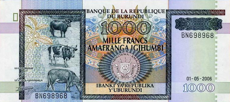 Front of Burundi p39d: 1000 Francs from 2006