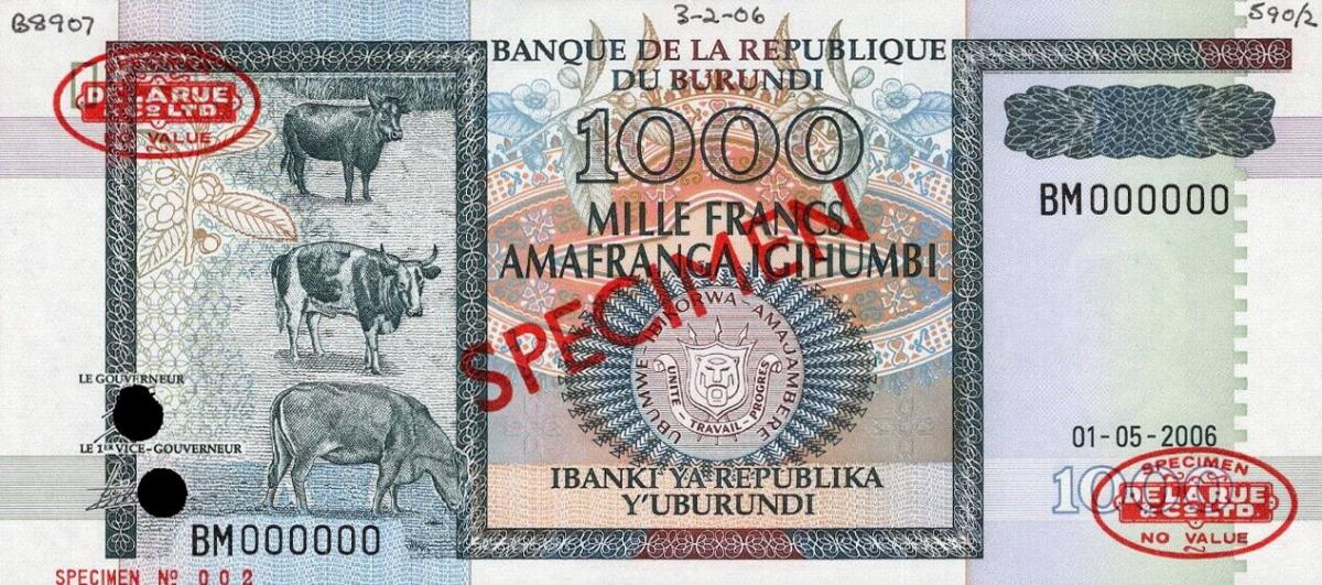 Front of Burundi p39s: 1000 Francs from 1994