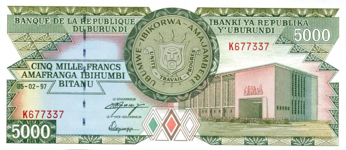 Front of Burundi p40: 5000 Francs from 1997