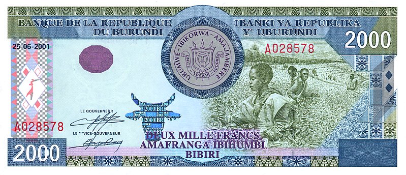 Front of Burundi p41a: 2000 Francs from 2001