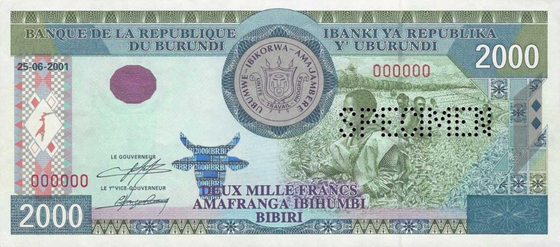 Front of Burundi p41s: 2000 Francs from 2001